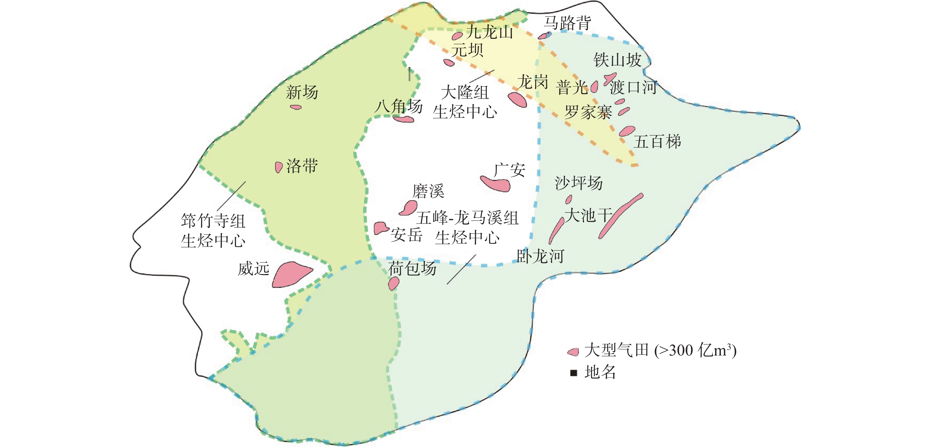 图 4          四川盆地大气田与主要烃源岩分布图
